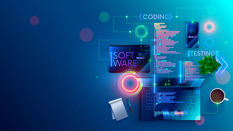 Sfondo con vari device e codice di programmazione - Web Development
